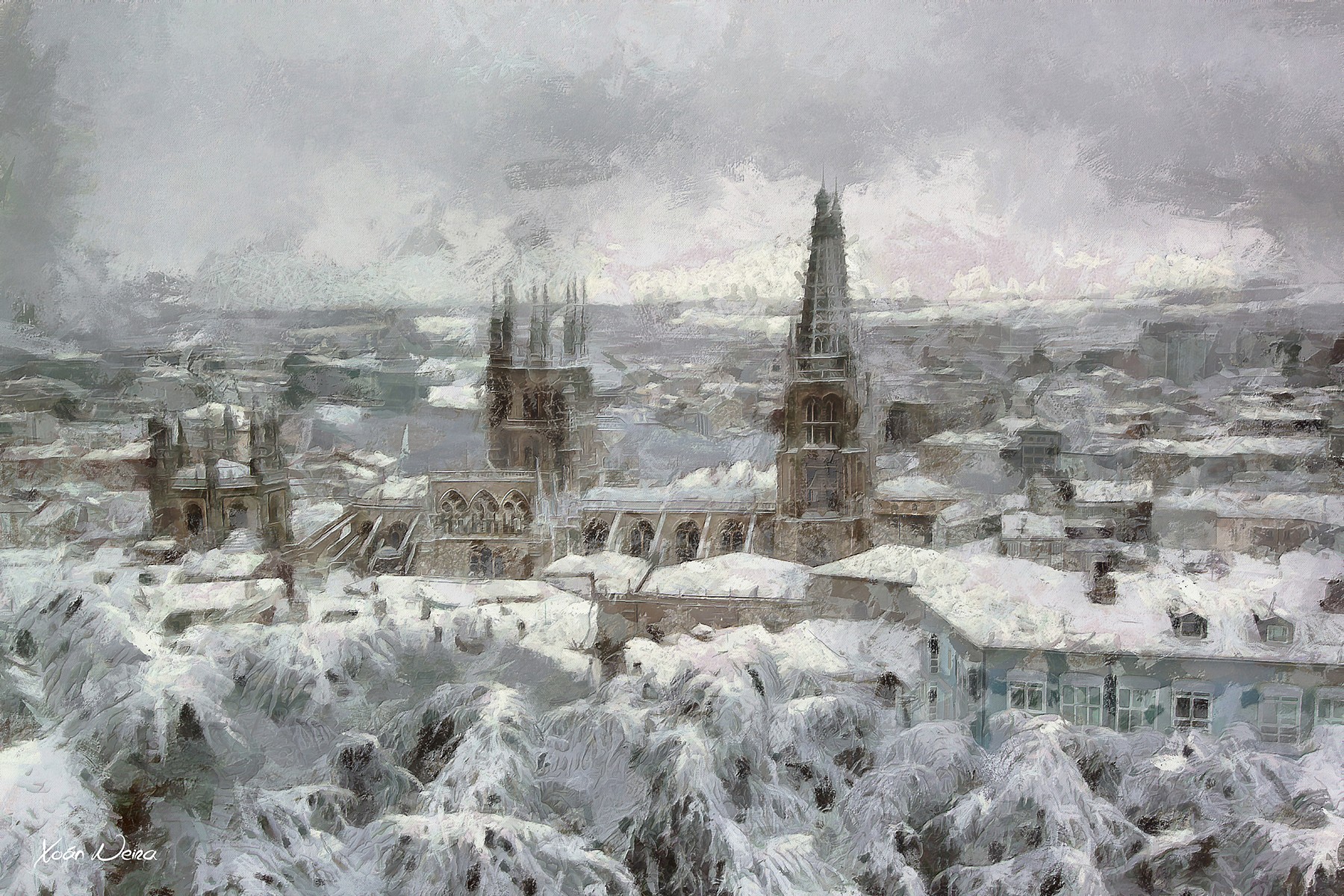 Burgos, vista a La Catedral nevada desde el Castillo