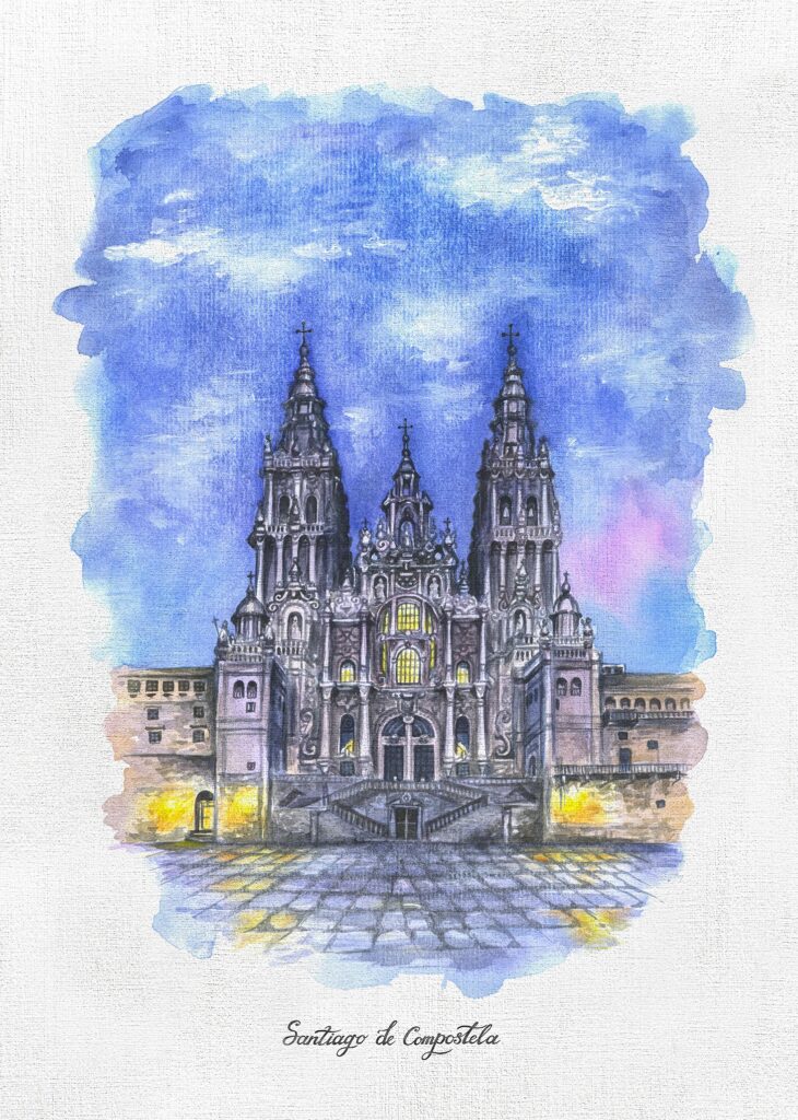 Catedral de Santiago de Compostela, Plaza de Obradoiro de noche, acuarela