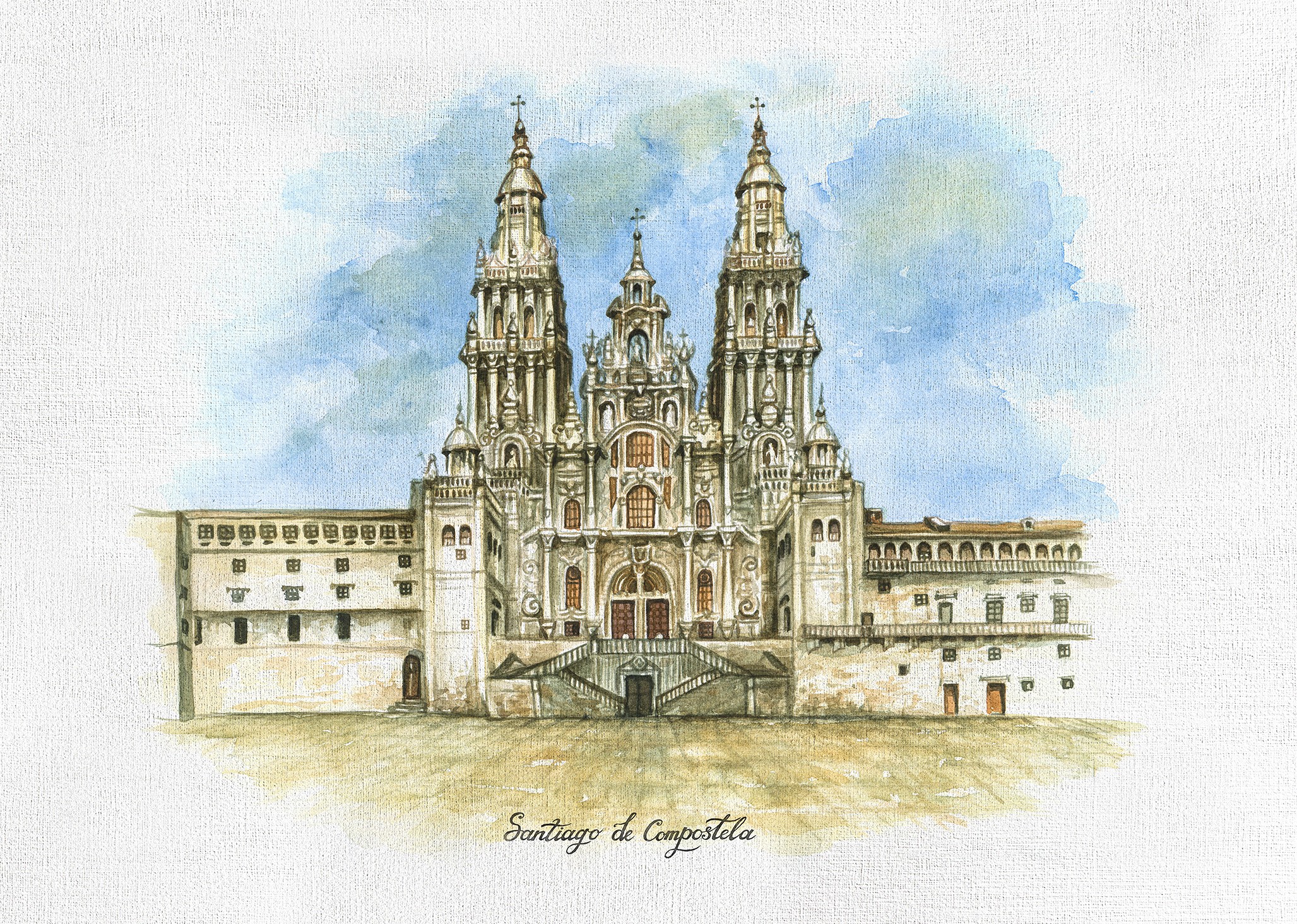 Catedral de Santiago de Compostela, Plaza de Obradoiro horizontal, acuarela
