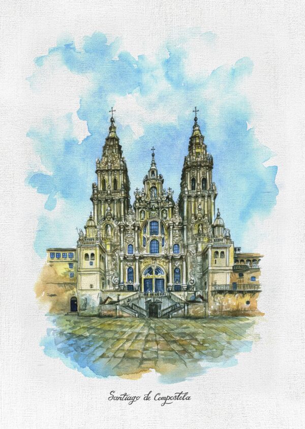 Catedral de Santiago de Compostela, Plaza de Obradoiro vertical, acuarela