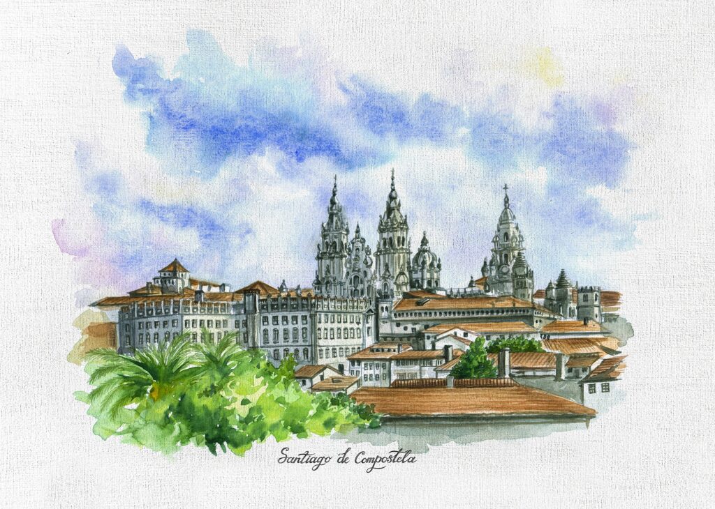 Catedral de Santiago de Compostela, vista desde la Alameda horizontal, acuarela