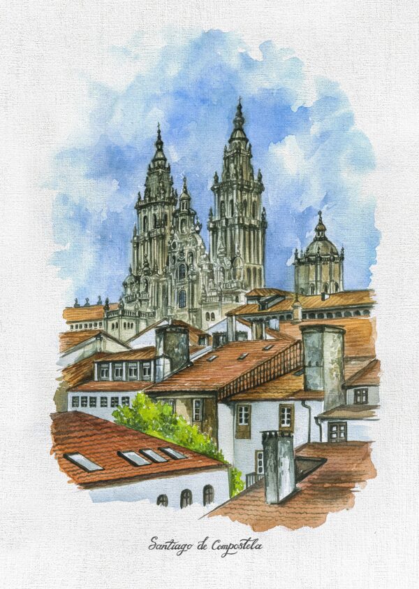 Catedral de Santiago de Compostela, vista desde la Alameda vertical, acuarela