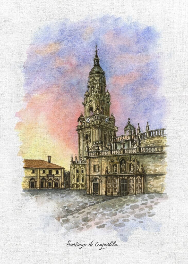 Catedral de Santiago de Compostela, vista desde la Plaza de la Quintana, Puerta Santa, acuarela