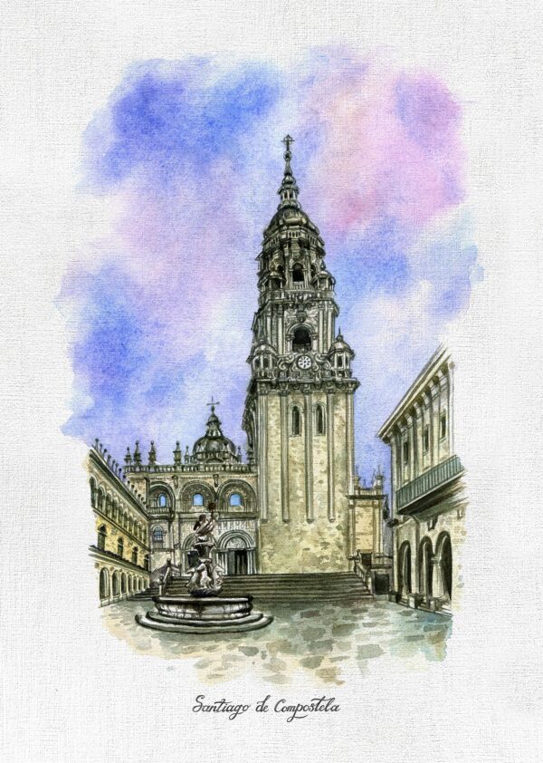 Catedral de Santiago de Compostela, vista desde la Plaza de las Platerías, acuarela