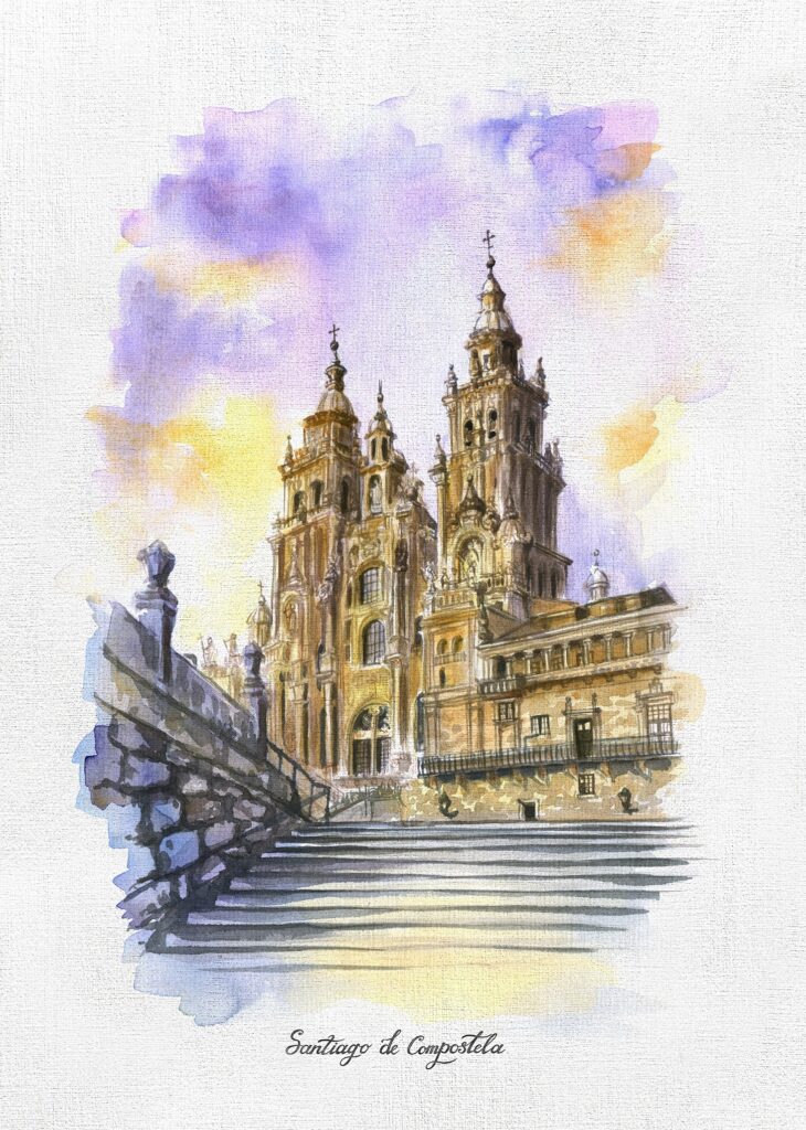 Catedral de Santiago de Compostela, vista desde las escaleras Raxoi vertical, acuarela