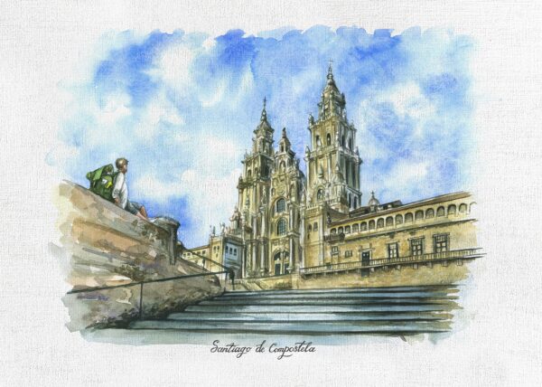 Catedral de Santiago de Compostela, vista desde las escaleras Raxoi horizontal, acuarela