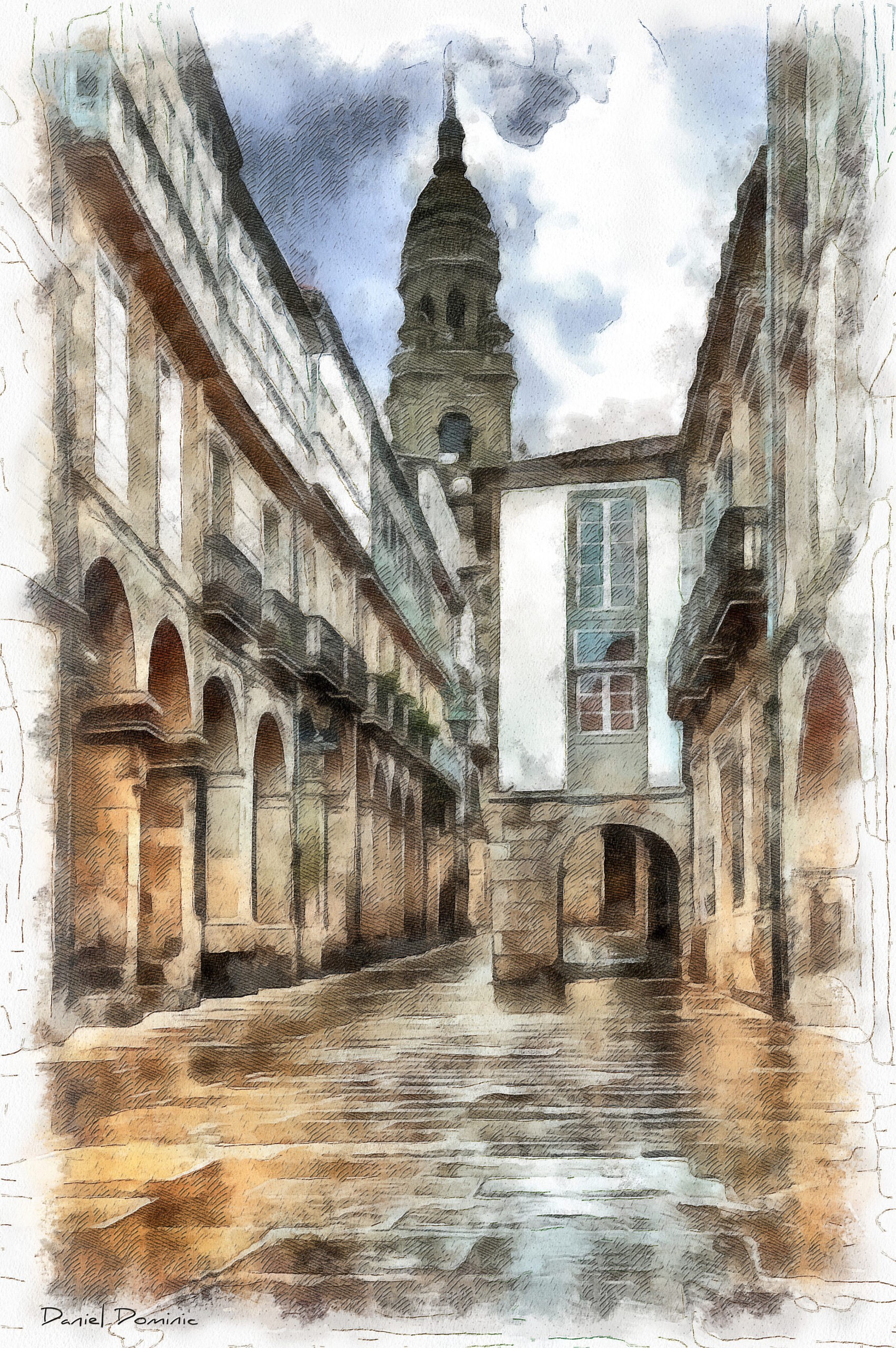 Santiago de Compostela, Rúa Villar, vista Catedral, acuarela